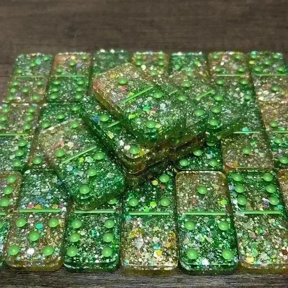 Green & Gold Holographic Sparkle Hand Crafted 28 Piece Domino Set - Picture 1 of 3